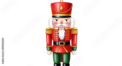 A festive nutcracker soldier ornament standing upright in a traditional holiday uniform against a plain background