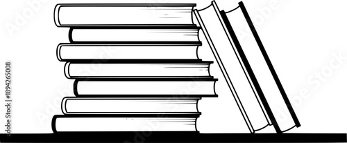 depicting stack of books on a shelf, with one book leaning.
