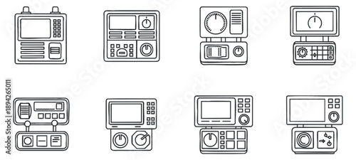 A collection of various electronic devices and control panels in minimalist outline vector style, suitable for technology and engineering projects