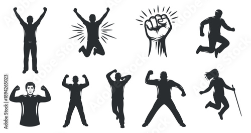 A collection of dynamic human silhouettes showcasing various poses of strength and victory in black and white vector style, ideal for fitness and motivational projects