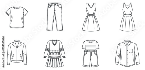 A collection of clothing items including t-shirts, jeans, dresses, and jackets in minimalist black and white outline vector style, ideal for fashion design projects