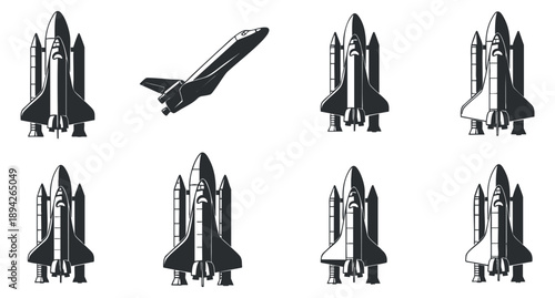 A set of rocket space shuttles in black and white vector style, suitable for educational and technology-themed projects