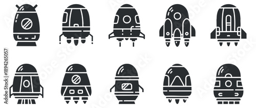 A collection of ten rocket ship icons in black and white minimalist vector style, perfect for space-themed designs and educational materials
