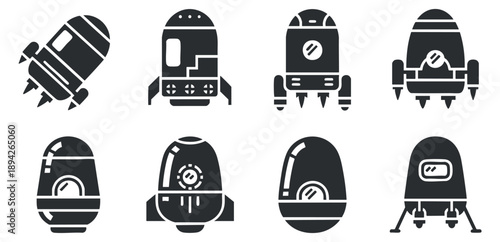 A collection of eight rocket icons in black and white modern vector style, suitable for technology and space-themed projects