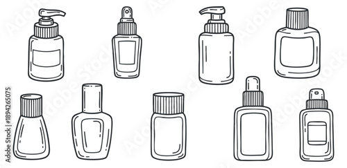 A collection of various cosmetic and skincare bottles in clean outline vector style, suitable for beauty product branding and packaging design