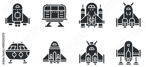 A collection of eight different spaceship and rocket icons in black outline vector style, suitable for space-themed projects and designs