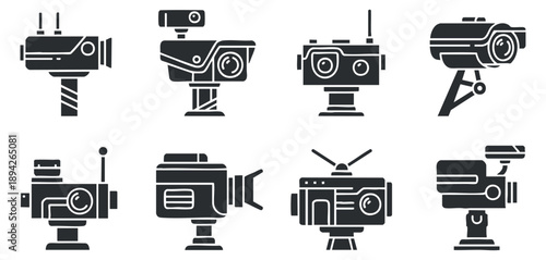 A collection of various camera icons in black and white minimalist vector style, ideal for photography-related projects
