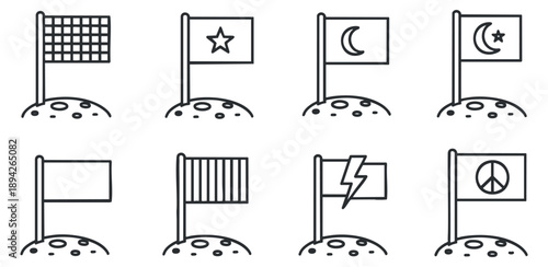 A collection of various flag icons including stars, moons, and peace symbols in outline vector style, suitable for graphic design projects