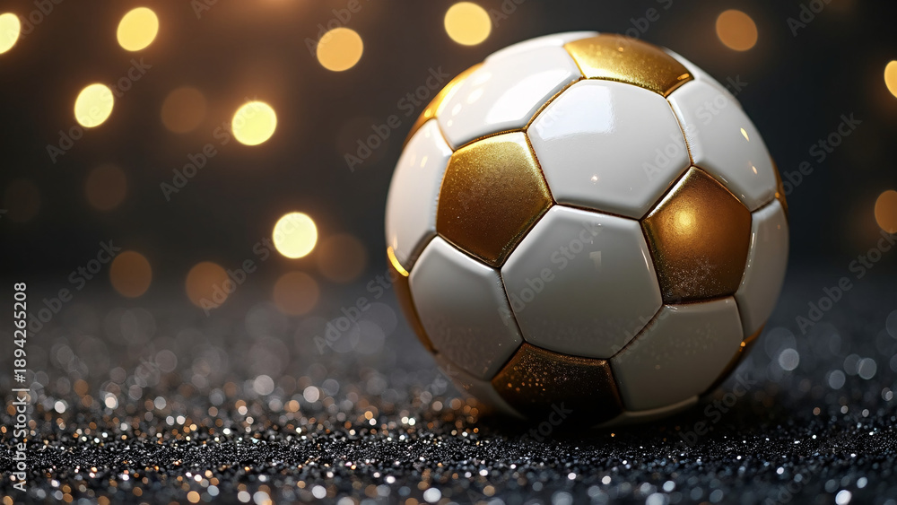 Fototapeta premium Metallic‑gold and white soccer ball resting on a sparkling textured surface, surrounded by warm, out‑of‑focus lights that create a luxurious, celebratory glow.