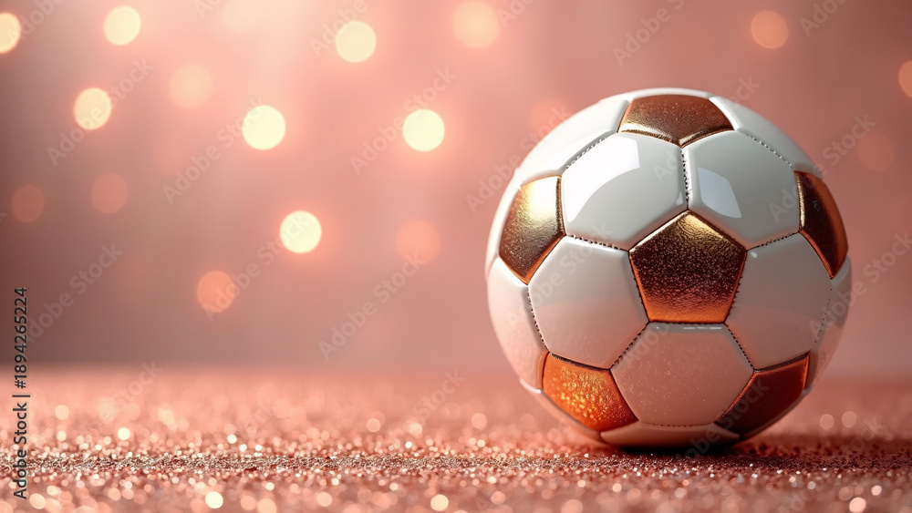 Fototapeta premium Soccer ball gleams on glittery purple—white-copper panels shimmer through warm bokeh haze, surreal calm and global anticipation radiate from match-core symmetry. 