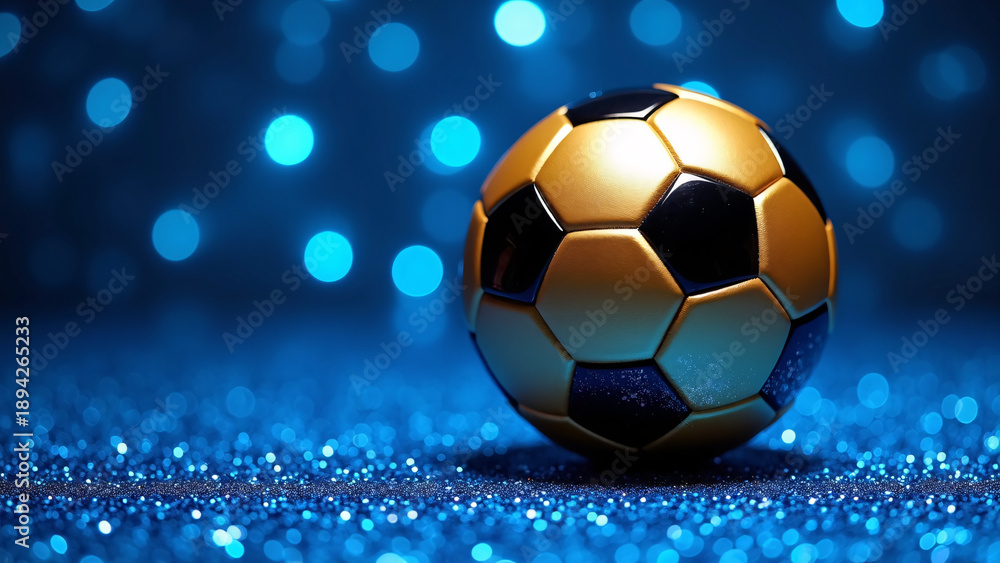 Naklejka premium Soccer ball gleams on glittery blue—gold-black panels shimmer through cool bokeh haze, surreal calm and global anticipation radiate from match-core symmetry. 