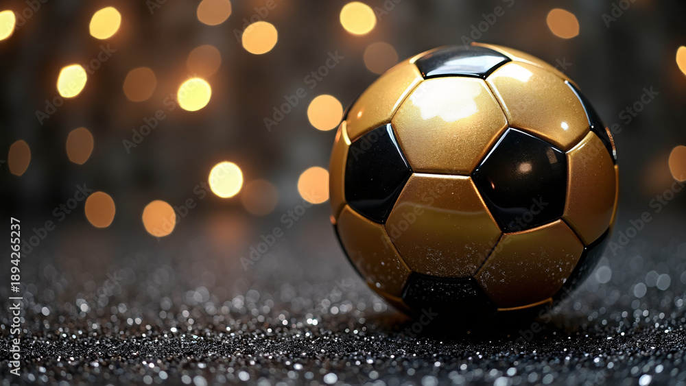 Fototapeta premium Soccer ball gleams on glittery pink-black—gold-black panels shimmer through warm bokeh haze, surreal calm and global anticipation radiate from match-core symmetry. 