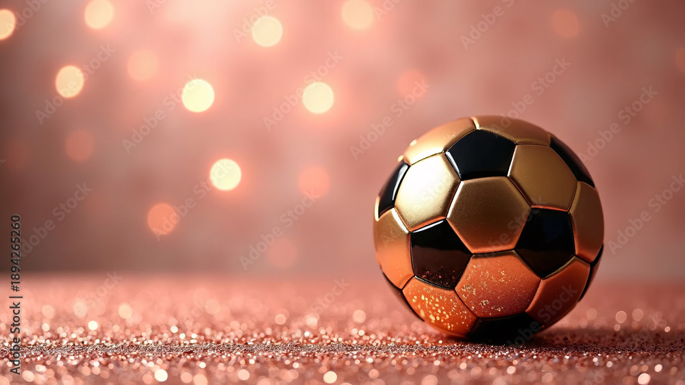 Fototapeta premium Soccer ball gleams on glittery pink—gold-black panels shimmer through warm bokeh haze, surreal calm and global anticipation radiate from match-core symmetry. 