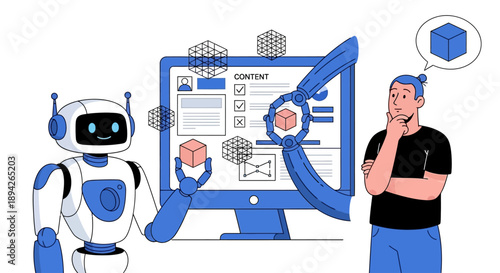 A man and robot collaborating on content creation in a modern digital workspace viewed from the side