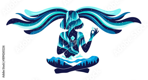 Serene illustration of a person meditating with flowing hair, surrounded by calming blue waves, in a peaceful state
