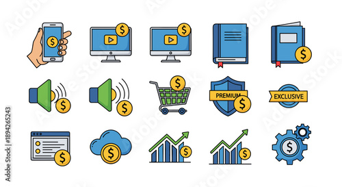 Collection of business and finance icons with dollar signs.