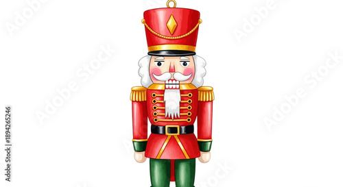 A festive nutcracker soldier in traditional red and green uniform standing against a plain white background