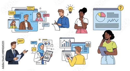 Diverse professionals collaborating and analyzing data on digital devices in a modern workspace environment from various viewpoints