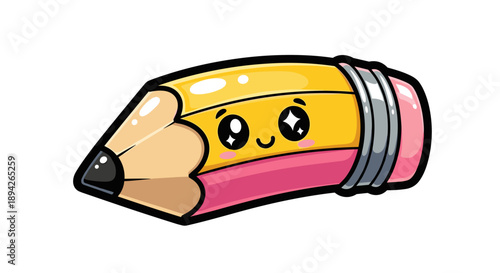 Cute Kawaii Pencil Character with Smiling Face and Sparkly Eyes.