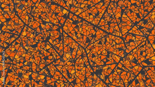 Vibrant abstract pattern with intersecting lines and geometric shapes in orange and black hues