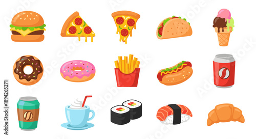 Collection of delicious fast food and drinks icons.