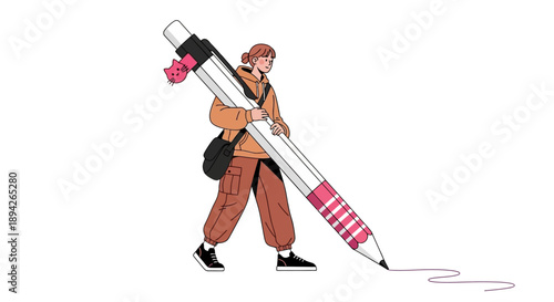 A cartoon artist walks with a giant pencil, symbolizing creativity and imagination in a simple illustration