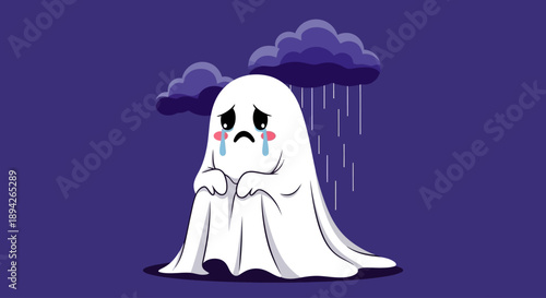 A crying ghost sitting alone under a rainy cloud in a gloomy illustration
