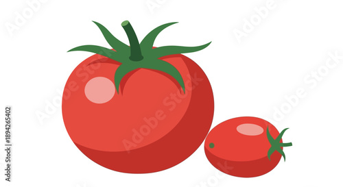 Two red tomatoes, one large and one small, with green leaves on top, illustrated on a white background from a front view.