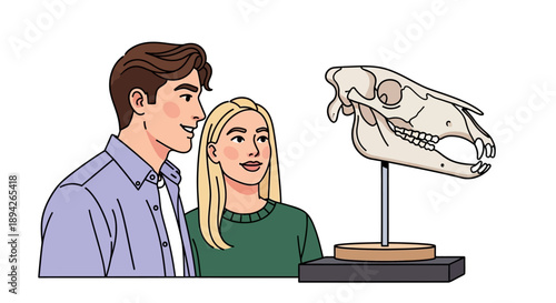 Couple observing animal skull on display stand in museum or educational setting from side view