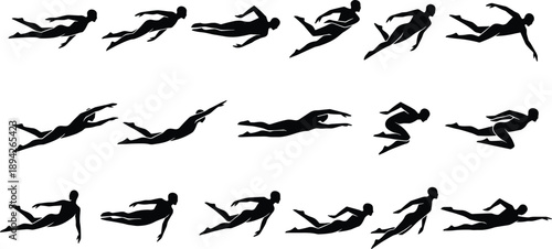 Swimming motion silhouette sequence showing male athlete freestyle stroke positions, dynamic aquatic sport movement set, fitness training, competition
