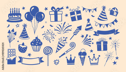 Blue hand drawn celebration doodles with birthday cake chocolate ice cream and festive party symbols