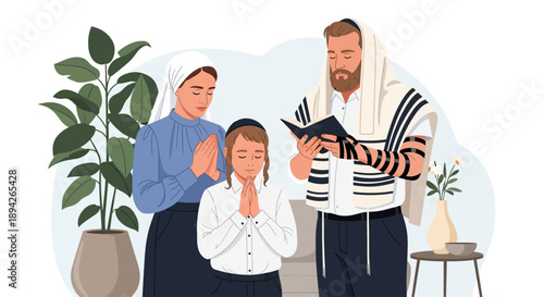 Family Praying Together at Home with Religious Text and Headscarf