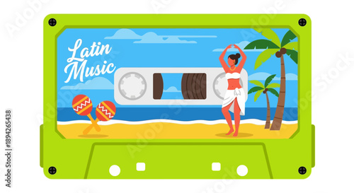 Cartoon dancer performing Latin dance on a tropical beach with a giant cassette in the background