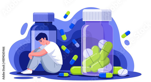 A person sitting amidst scattered medication, surrounded by empty pill bottles, in a state of despair, viewed from the side.