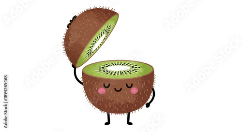 A cartoon kiwi fruit character with a smiling face standing on two legs