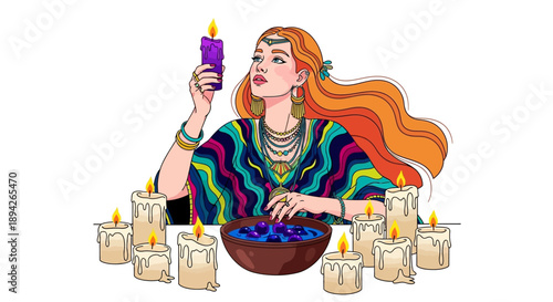 Illustration of a mystical woman surrounded by candles holding a purple candle near a bowl of blue stones