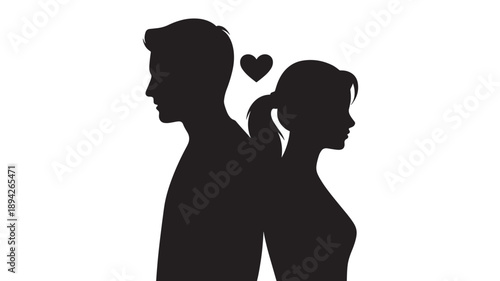 Couple in love with heart in tender romantic moment in black silhouette on white background for couple photography template
