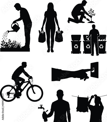 Set of black vector silhouettes depicting eco-friendly lifestyle habits and sustainable environmental actions isolated on white background