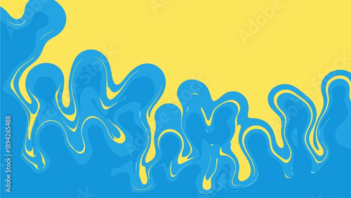 Abstract blue liquid splashing against a vibrant yellow backdrop in a dynamic illustration from a close-up viewpoint