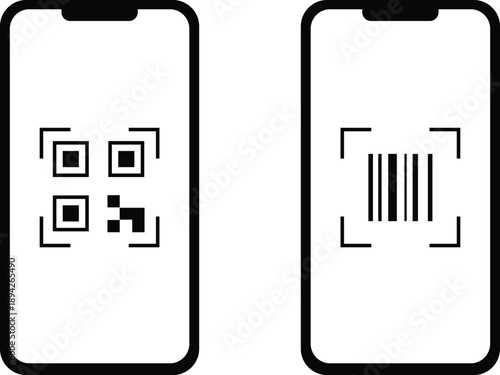 mobile phone qr code and barcode scanner interface icons on smartphone screens
