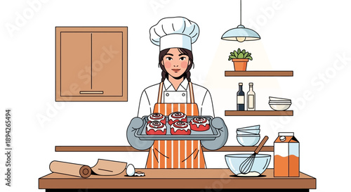 A chef proudly holding a freshly baked cake in a well-lit kitchen with modern appliances and utensils on the countertop