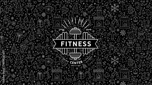 A black and white illustration of a fitness center logo surrounded by various fitness-related icons on a dark background from a direct viewpoint
