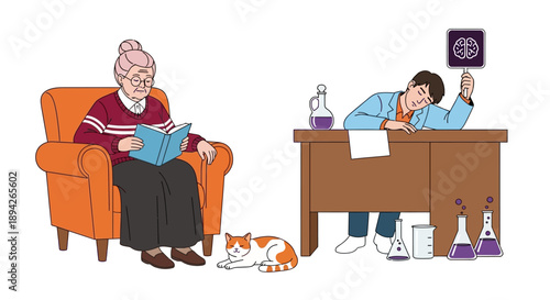 Elderly woman reads in armchair while scientist works at laboratory desk nearby with various equipment
