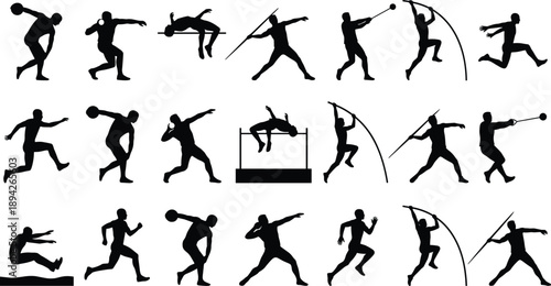 Track and field athletics silhouette collection showing male athletes performing running, jumping and throwing events, dynamic sports motion, competition training and Olympic athletic performance