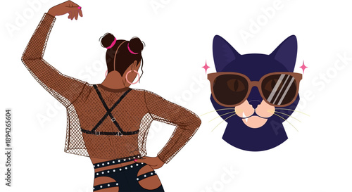 A woman in a dance pose next to a cartoon cat wearing sunglasses