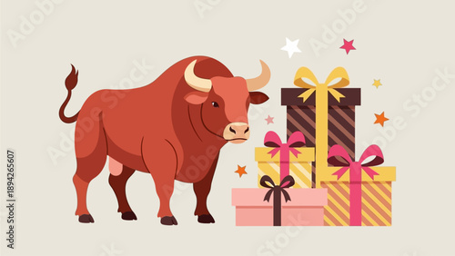 A majestic red bull stands beside a stack of colorful gift boxes adorned with bows and stars