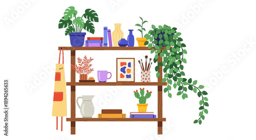 Decorative wooden shelf with plants, vases, artwork, and household items in a cozy domestic setting