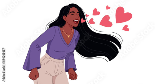 Woman experiencing strong emotions with hearts surrounding her, conveying love and affection