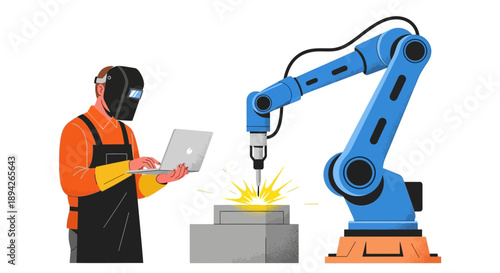 Industrial worker in protective gear operating robotic arm for metalwork in a factory setting