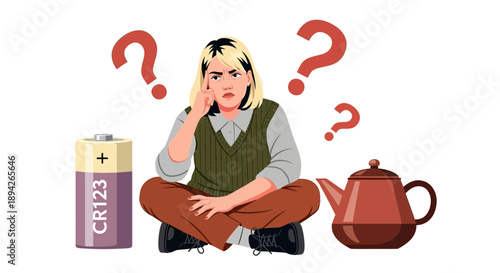 A puzzled young woman sits with a battery and teapot, deep in thought, surrounded by question marks